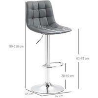 Faux Leather Adjustable Bar Stools - Set of 2, Grey, Modern Quilted, Swivel Steel Frame