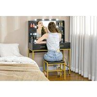 Contemporary Black Vanity Dressing Table Set with Hollywood Mirror, Storage Shelves & Padded Stool - Melamine Finish, Modern Bedroom Furniture | Wowch