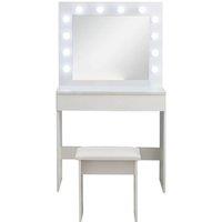 Hollywood Dressing Table Set with LED Mirror, Stool & Grey Accents - Modern Bedroom Vanity, Two Drawers, Square Mirror
