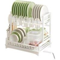 2-Tier Dish Drying Rack with Drip Tray and Drainage Spout - White or Black