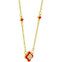Gold Plated Red Enamel Clover Pendant Necklace with Crystal Accents - Adjustable Statement Jewellery