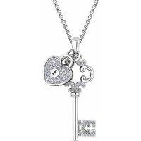 Rhodium Plated Lock & Key Pendant Necklace with Crystal Heart - Adjustable Silver Chain