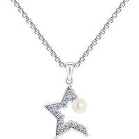 Rhodium Plated Star Pearl Pendant Necklace - Adjustable Crystal Accent Chain