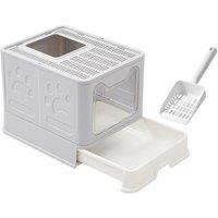Foldable Cat Litter Box with Pull-Out Tray and Scoop - Grey