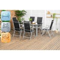 Outsunny 7-Piece Black Garden Dining Set with Reclining Folding Chairs, Aluminium Frame & Tempered Glass Table