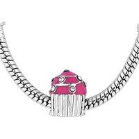Silver-Tone Fuchsia Pink Cupcake Charm Bracelet - Crystal Accents, Adjustable, Statement Bangle