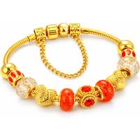 Gold Plated Ava Charm Bracelet - Red Crystal Beads & Heart Charms, Adjustable Clasp