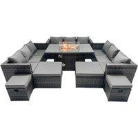 13-Seater Modern Rattan Fire Pit Dining Set with 4 Footstools - Weather-Resistant Outdoor Furniture