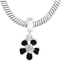 Rhodium Silver Plated Charm Bracelet with Black Glass & Crystal Accents - Diamond Style London, Secure Clasp, Elegant Monochrome