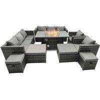 12-Seater Dark Grey Rattan Fire Pit Dining Set with Footstools - Outdoor Weather-Resistant Garden Furniture