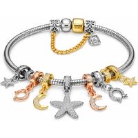 Diamond Style London Celestial Charm Bracelet - Rhodium Silver Plated, Adjustable, Mixed Metal Accents