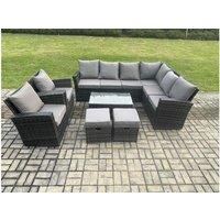 Dark Grey 10-Seater PE Rattan Corner Dining Set with Rectangular Coffee Table - Weather-Resistant Garden Furniture