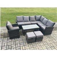 Dark Grey Rattan 9-Seater Corner Sofa Set with Armchair & Footstools - Weather-Resistant Garden Furniture