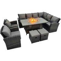 Dark Grey Rattan Corner Dining Set with Gas Fire Pit Table - Weather-Resistant, Seats 6+