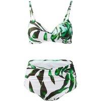 Women's Black 2-Piece High-Waisted Tropical Leaf Design Bikini Set