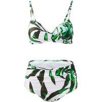 Black Women's High-Waisted 2-Piece Swimsuit Set with Leaf Print Pattern