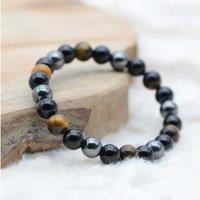 Triple Protection Gemstone Bracelet - Tiger's Eye, Hematite & Obsidian, 8mm Beads, Elastic Fit, 18cm