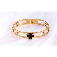 Gold Tone Adjustable Clover Charm Bangles Set - Titanium Steel, Stackable, Hypoallergenic, 5-Piece