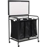 Triple Bag Rolling Laundry Sorter with Lift-Up Ironing Board Top