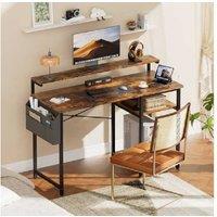 EcoFurnix 100cm Gaming Desk with LED Lights, Shelves & Adjustable Monitor Stand - Brown