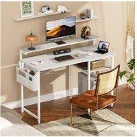 EcoFurnix 120cm Gaming Desk with LED Lights, Shelves & Adjustable Monitor Stand - White