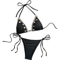 Black Women's 2-Piece Halter Triangle Bikini with Seashell Accents - 3 Sizes & 7 Colours