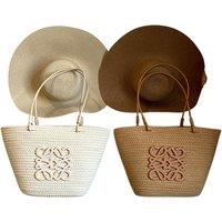 Unisex Woven Straw Beach Tote Bag or Bag & Hat Set - Khaki or Beige