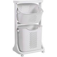 2-Tier Portable Laundry Basket with Wheels & Detachable Baskets - White