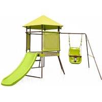 4-in-1 Outdoor Swing Set with Playhouse Fort, Adjustable Baby Seat, Slide, and Ladder - Green