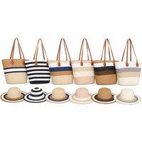 Unisex Black Striped Colour-Block Beach Bag and Straw Hat Bundle