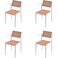 Set of 4 White Stackable Pseudo-Rattan Armrest Dining Chairs