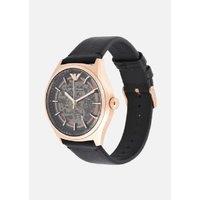 Emporio Armani AR60004 Skeleton Automatic Watch - Rose Gold-Plated, Chronograph, 44mm Stainless Steel Case, Black Leather Strap
