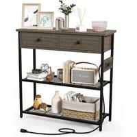 Brown Console Table with Storage, Drawers, and Charging Station