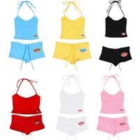 Black Women's 2-Piece Halter Cami and Drawstring Shorts Set