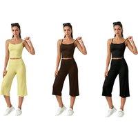 Black 2-Piece Women's Workout Set with Wide Leg Capri Pants