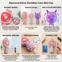 Unisex Blue 3-Speed Rechargeable Glitter LED Handheld Fan - Portable Mini Accessory