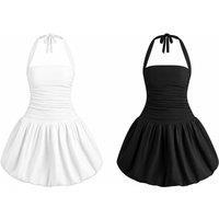 Women's Black Halter Neck Mini Party Dress with Lace-Up Back