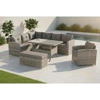 9-Seater Grey Rattan Corner Sofa, Armchair, Bench & Dining Table Set