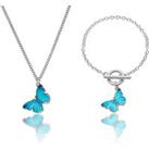 Turquoise Butterfly Necklace And Bracelet Set - Silver