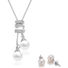 Two Pearls Pendant And Earrings Set - Silver