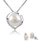 Pearl Crystal Pendant And Earrings Set - Silver