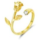 Golden Rose Flower Crystal Open Ring - Silver