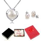 Pearl Necklace And Earrings Set-Xmas Box - Silver