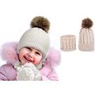 Kids Knitted Pompom Beanie Hat & Warm Scarf - 5 Colours! - White