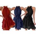 Women'S Halter Neck Ruffle Dress - Lilac, Navy, Wine Or Black