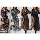 Womens V-Neck High Split Flower Print Maxi Dress - 5 Designs! - Black