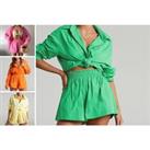 Women'S 2-Piece Shorts & Shirt Set - Green, Orange, Yellow & Pink