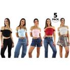 Pack Of 5 Off Shoulder Bardot Crop Tops - Uk Sizes 4-12 - Black