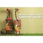 Metal Garden Duck Shovel Statues - Red Or Pink Flower Style!
