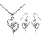 Crystal Heart Shaped Necklace & Earrings - Silver